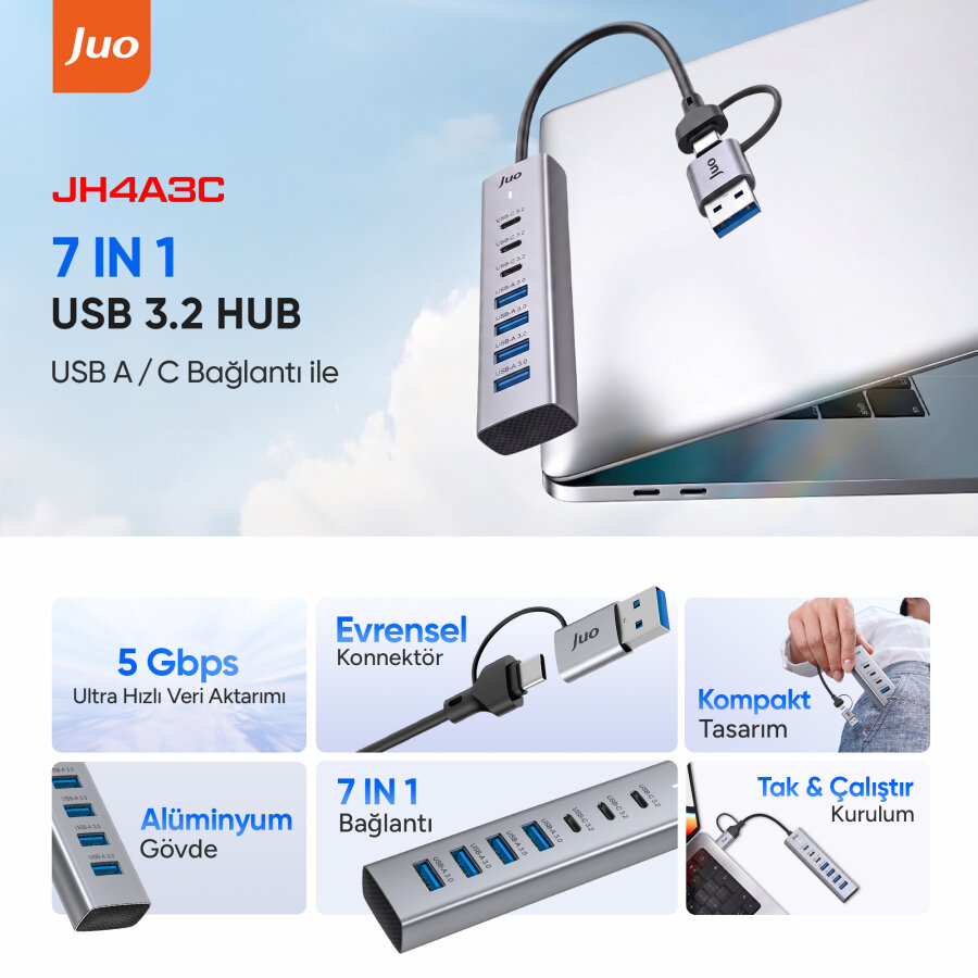 Juo Type-C ve USB-A 7 Portlu 4*USB-A 3*Type-C 5Gbps USB 3.2 Çoklayıcı Hub Dönüştürücü - 2