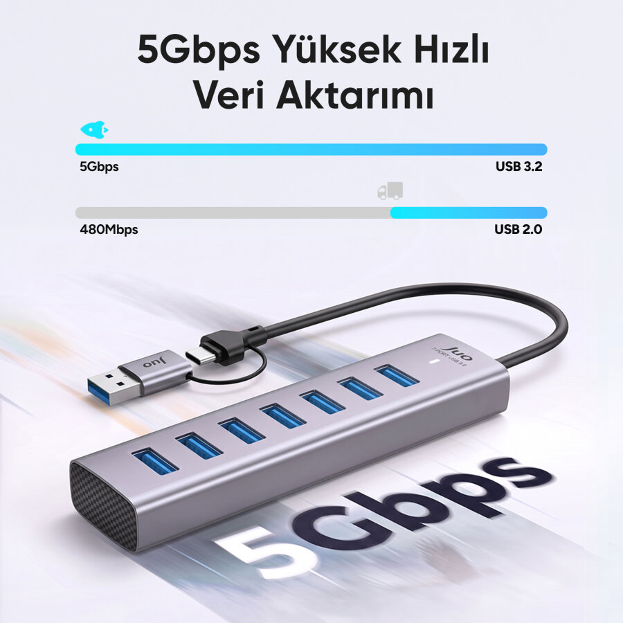 Juo Type-C ve USB-A 7 Portlu 7*USB 3.0 5Gbps USB Hub Çoklayıcı Dönüştürücü - 3
