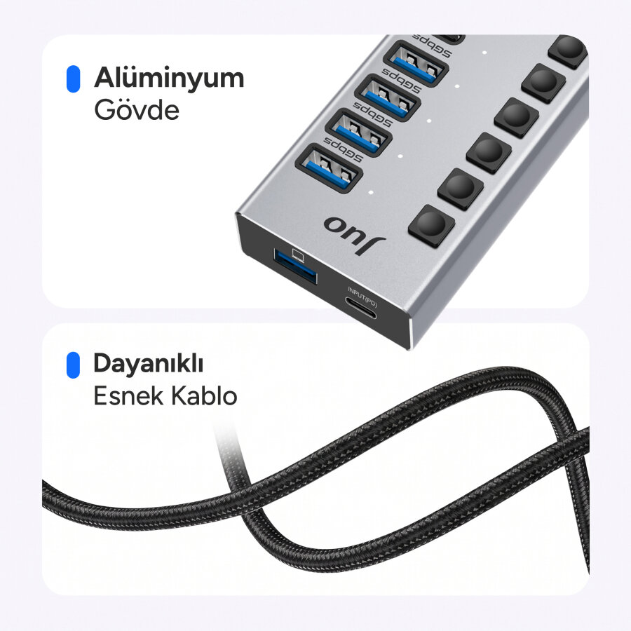 Juo USB-A 10 Portlu Anahtarlı 5*USB-A 5*Type-C 5Gbps PD Hızlı Şarj Destekli USB 3.1 Çoklayıcı Dönüştürücü Hub - 6