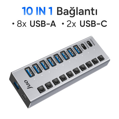 Juo USB-A 10 Portlu Anahtarlı 8*USB-A 2*Type-C 5Gbps USB 3.1 Çoklayıcı Dönüştürücü Hub - 4