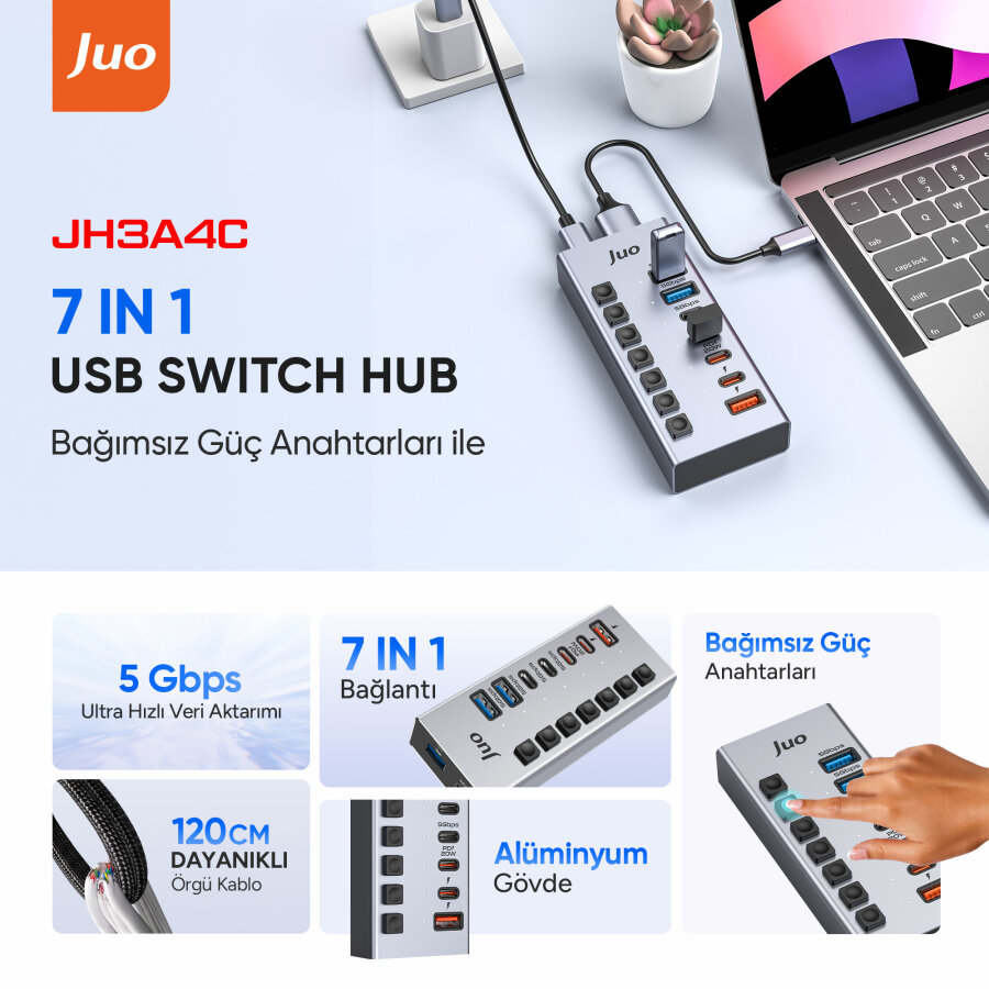 Juo USB-A 7 Portlu Anahtarlı 3*USB-A 4*Type-C 5Gbps PD Hızlı Şarj Destekli USB 3.1 Çoklayıcı Dönüştürücü Hub - 2