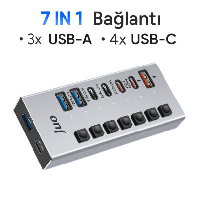 Juo USB-A 7 Portlu Anahtarlı 3*USB-A 4*Type-C 5Gbps PD Hızlı Şarj Destekli USB 3.1 Çoklayıcı Dönüştürücü Hub - 4