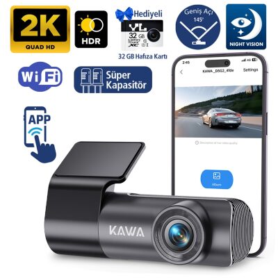 Kawa D5 Gen2 2K 1296P WiFi 145° Geniş Açı Lens Gece Görüşlü 32GB Hafıza Kartlı Akıllı Araç Kamerası