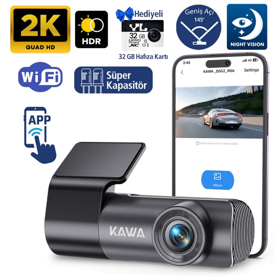 Kawa D5 Gen2 2K 1296P WiFi 145° Geniş Açı Lens Gece Görüşlü 32GB Hafıza Kartlı Akıllı Araç Kamerası - 1