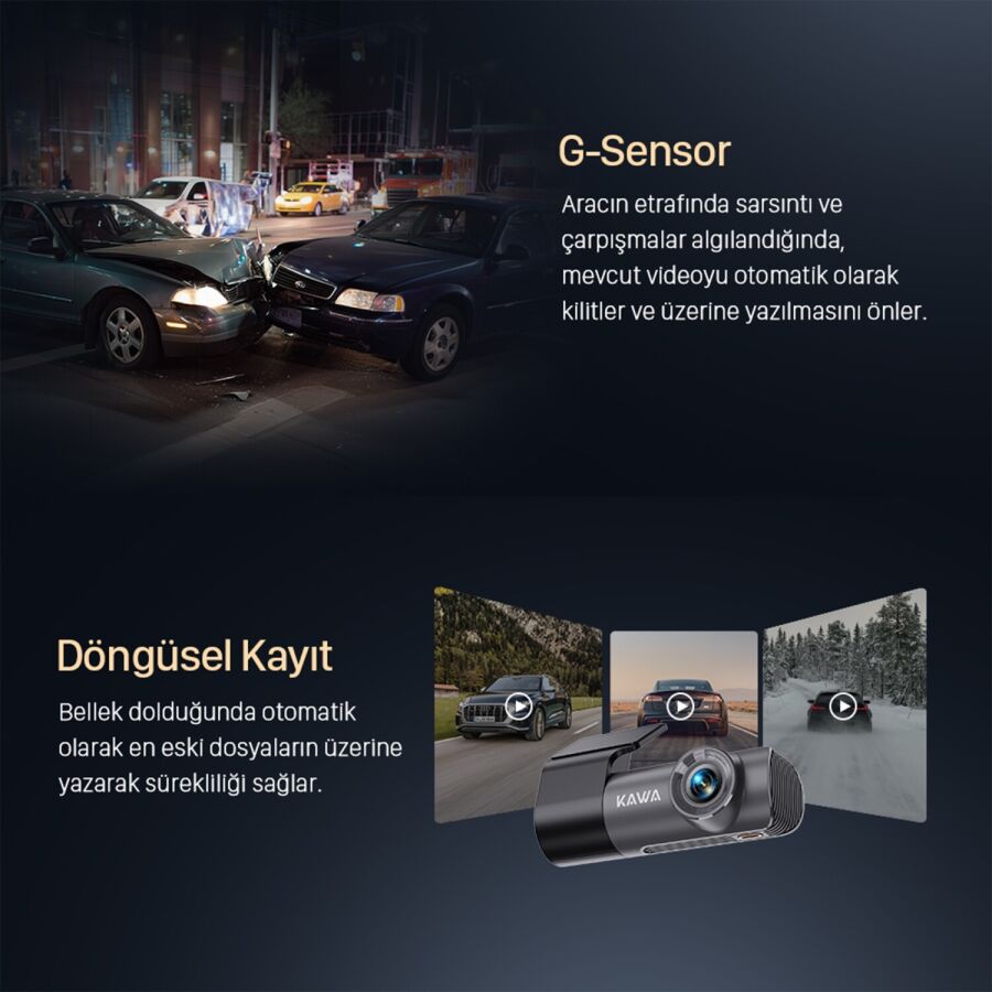 Kawa D5 Gen2 2K 1296P WiFi 145° Geniş Açı Lens Gece Görüşlü 32GB Hafıza Kartlı Akıllı Araç Kamerası - 7