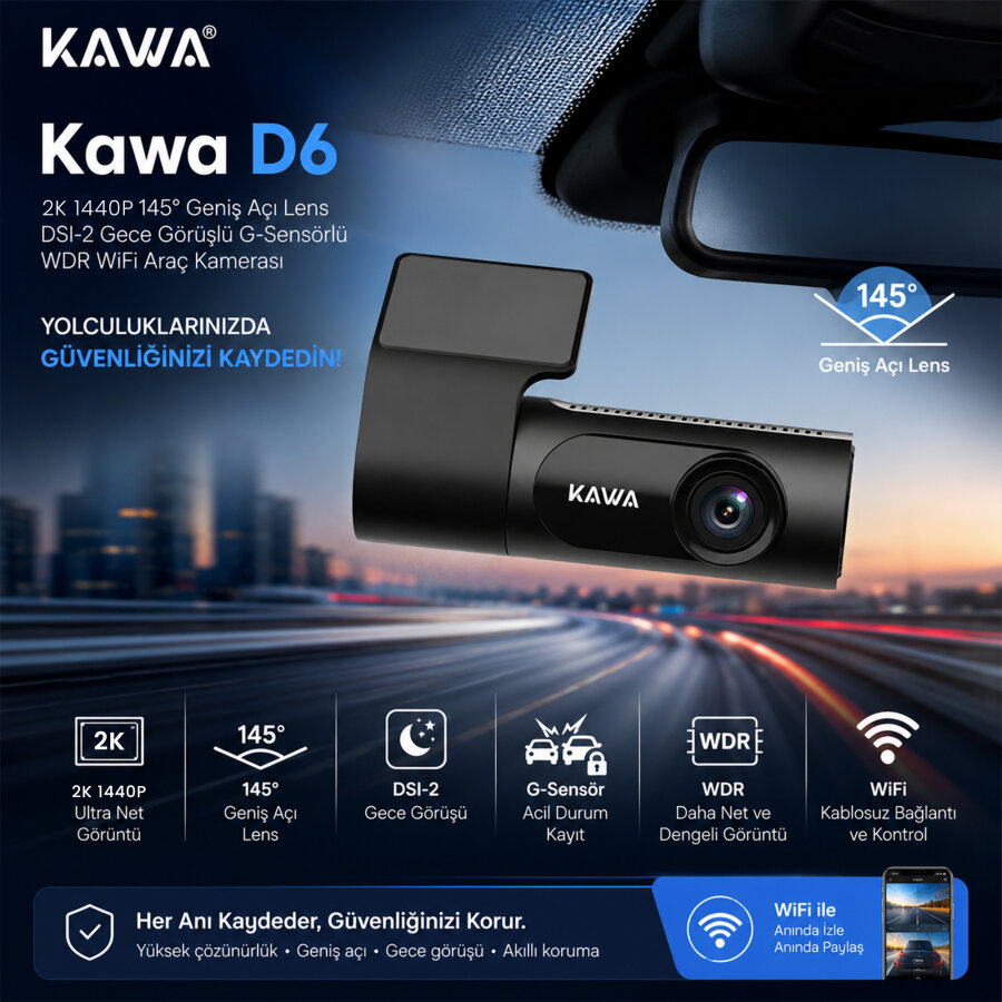 Kawa D6 2K 1440P WiFi Araç Kamerası 145° Geniş Açı WDR Ön Kamera - 2