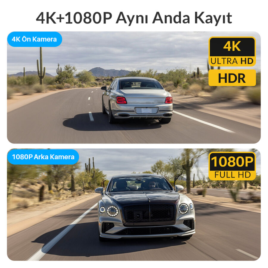 Kawa D7 2 Kameralı Ön ve Arka 4K+1080P HDR Wi-Fi 6 ve GPS'li Araç Kamerası + 64GB Hafıza Kartı - 3