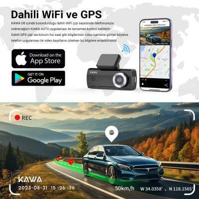 Kawa D8 2 Kameralı Ön / Arka 4K + 1080P Sony Starvis Sensörlü Türkçe Wi-Fi GPS'li Araç Kamerası - 7