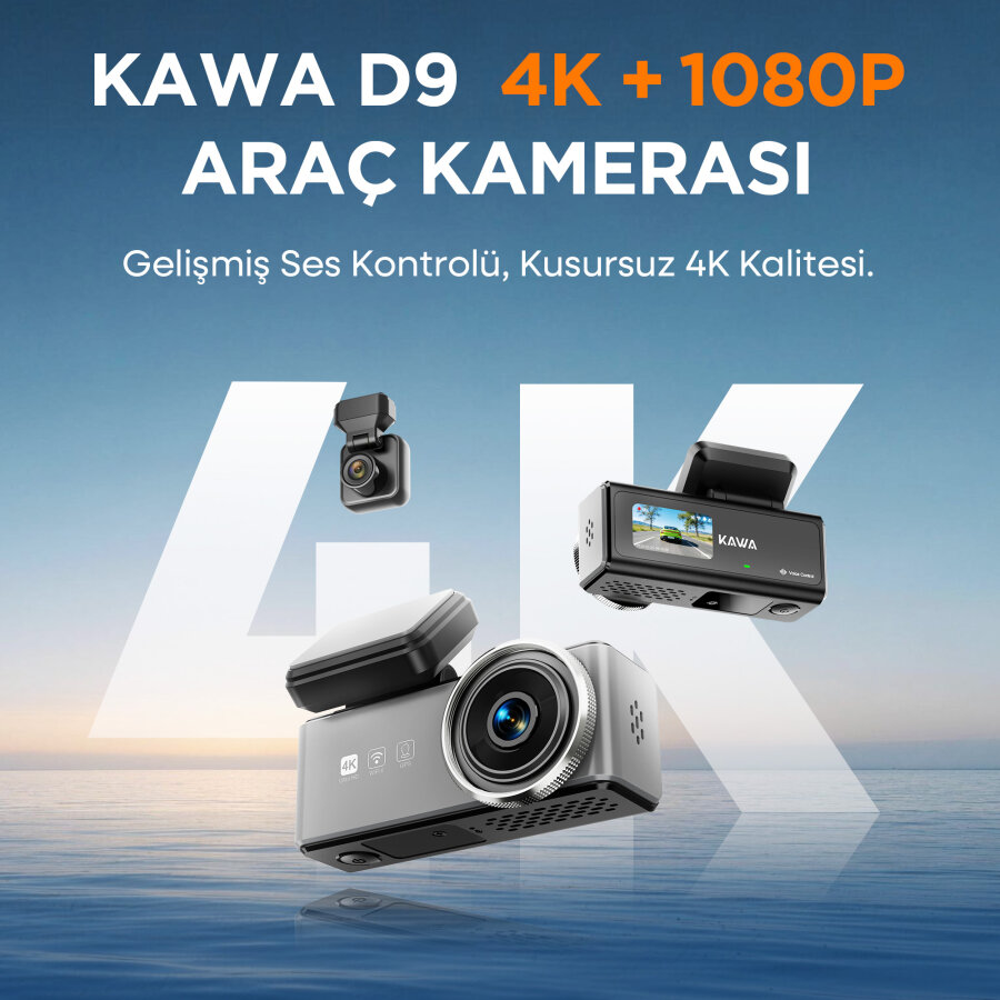 Kawa D9 2 Kameralı 4K Ön+1080P Arka HDR NightEagle Gece Görüşlü WiFi 6 GPS G-Sensör Araç Kamerası 64GB Kart Hediyeli - 2