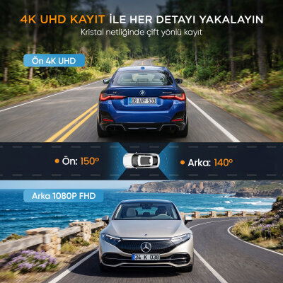 Kawa D9 2 Kameralı 4K Ön+1080P Arka HDR NightEagle Gece Görüşlü WiFi 6 GPS G-Sensör Araç Kamerası 64GB Kart Hediyeli - 3