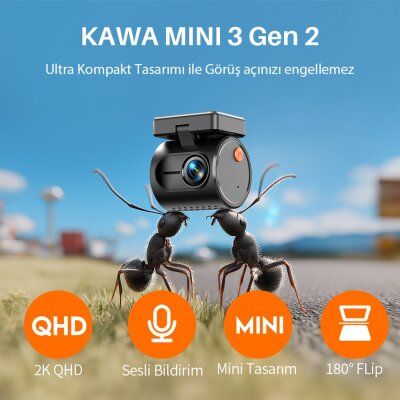 Kawa Mini 3 Gen2 2K 1296P WiFi 145° Geniş Açı Gece Görüşlü 32GB Hafıza Kartlı Akıllı Araç Kamerası - 2