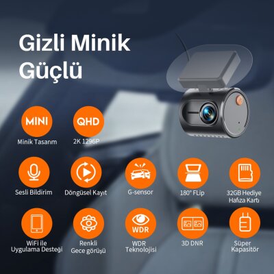 Kawa Mini 3 Gen2 2K 1296P WiFi 145° Geniş Açı Gece Görüşlü 32GB Hafıza Kartlı Akıllı Araç Kamerası - 3