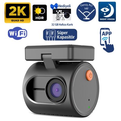 Kawa Mini 3 Gen2 2K 1296P WiFi 145° Geniş Açı Gece Görüşlü 32GB Hafıza Kartlı Akıllı Araç Kamerası