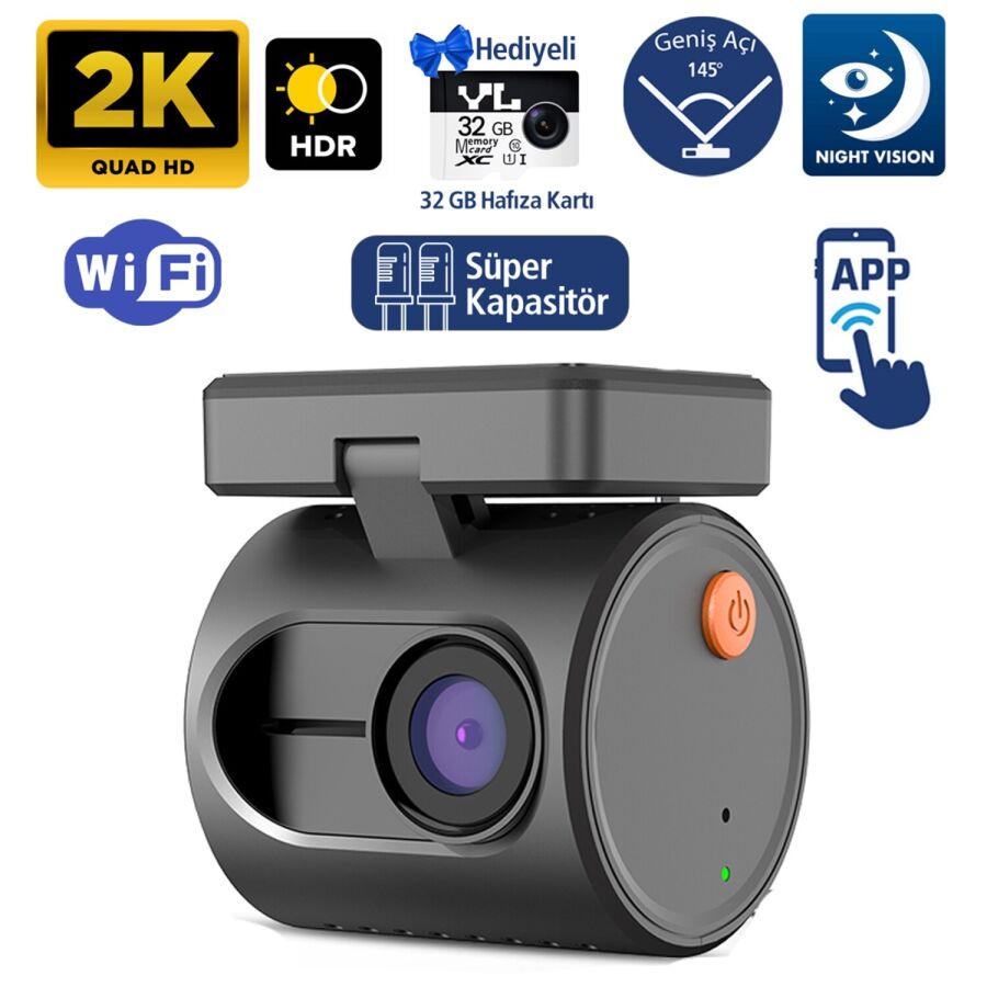 Kawa Mini 3 Gen2 2K 1296P WiFi 145° Geniş Açı Gece Görüşlü 32GB Hafıza Kartlı Akıllı Araç Kamerası - 1