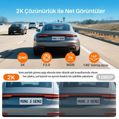 Kawa Mini 3 Gen2 2K 1296P WiFi 145° Geniş Açı Gece Görüşlü 32GB Hafıza Kartlı Akıllı Araç Kamerası - 5