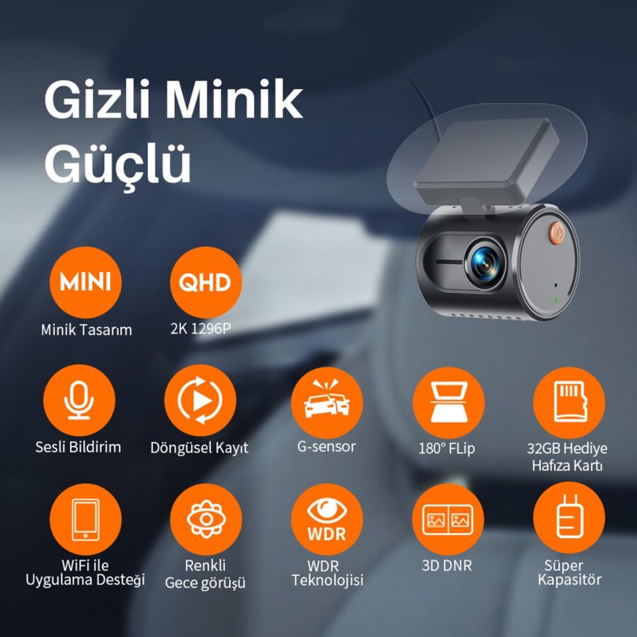 Kawa Mini 3 Gen2 2K 1296P WiFi 145° Geniş Açı Gece Görüşlü 32GB Hafıza Kartlı Akıllı Araç Kamerası - 3