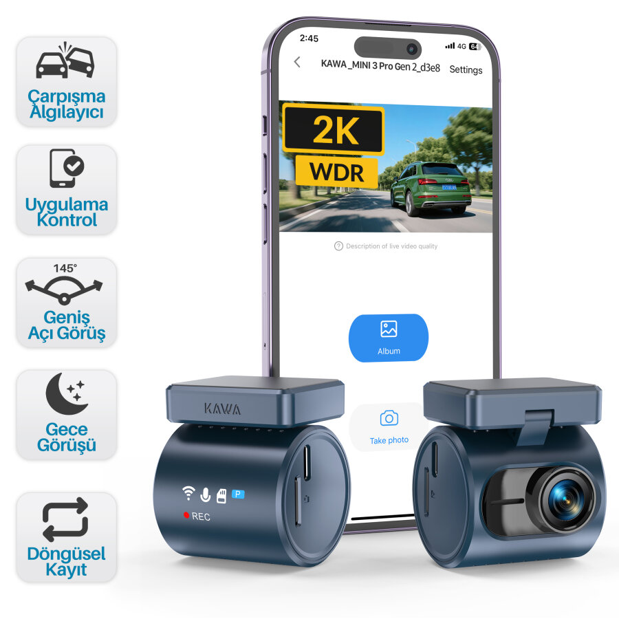 Kawa Mini 3 Pro Gen2 2K 1296P WDR 145° Geniş Açı Lens WiFi Araç Kamerası + 32GB Hafıza Kartı - 1