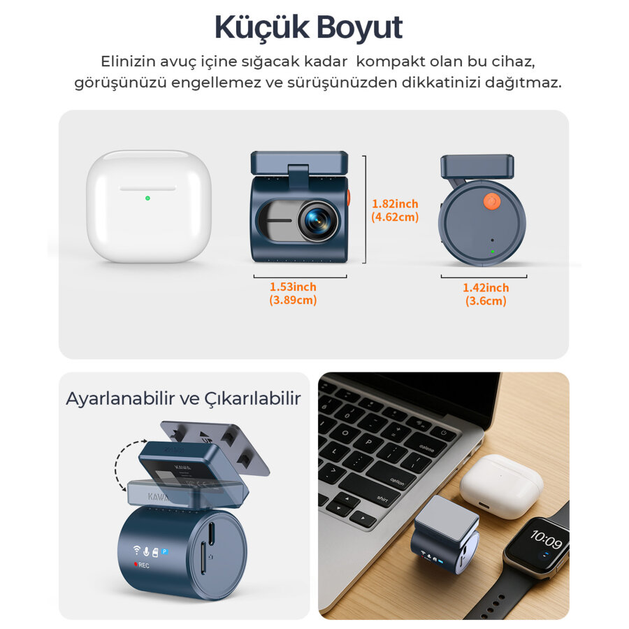 Kawa Mini 3 Pro Gen2 2K 1296P WDR 145° Geniş Açı Lens WiFi Araç Kamerası + 32GB Hafıza Kartı - 5