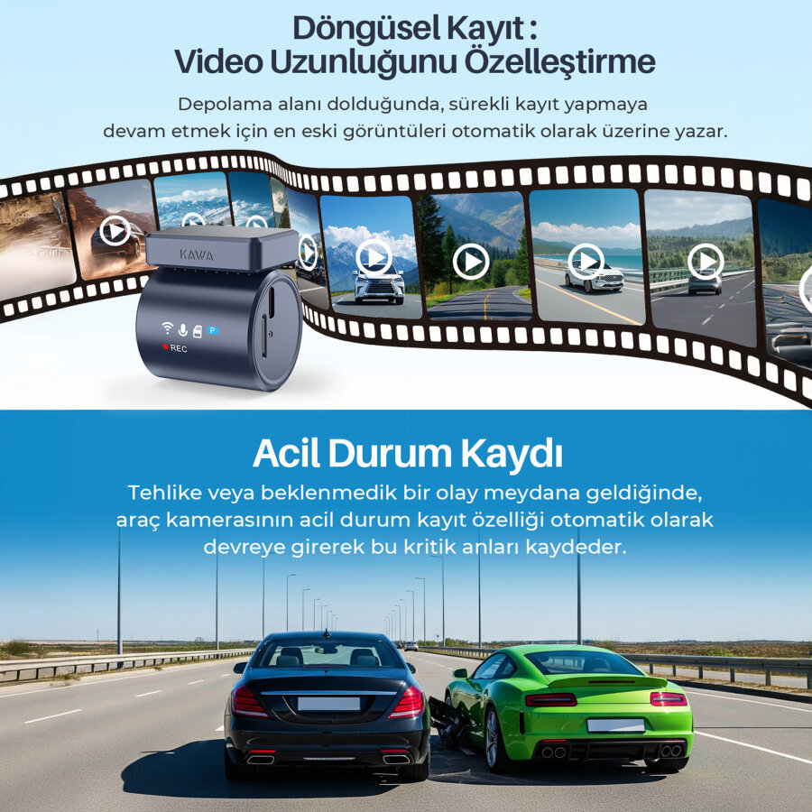 Kawa Mini 3 Pro Gen2 2K 1296P WDR 145° Geniş Açı Lens WiFi Araç Kamerası + 32GB Hafıza Kartı - 8
