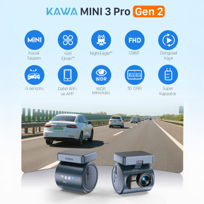 Kawa Mini 3 Pro Gen2 2K 1296P WDR 145° Geniş Açı Lens WiFi Araç Kamerası + 32GB Hafıza Kartı - 2
