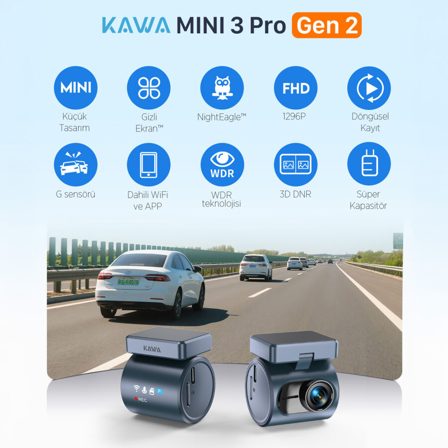 Kawa Mini 3 Pro Gen2 2K 1296P WDR 145° Geniş Açı Lens WiFi Araç Kamerası + 32GB Hafıza Kartı - 2