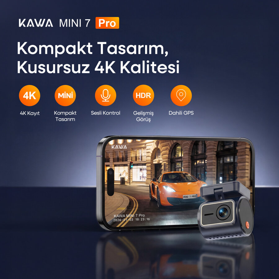 Kawa Mini 7 Pro 4K Ultra HD HDR Wi-Fi 6 GPS'li Mini Araç Kamerası - 2