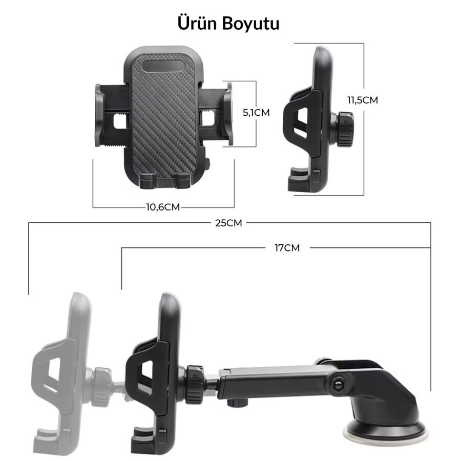 KingMa Vantuzlu Uzayan Ayarlanabilir Cam ve Torpido İçin Araç İçi Telefon Tutucu - 9