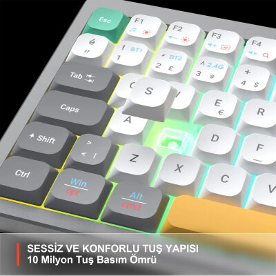 Lecoo GK100 3 Modlu Kablosuz Gaming Oyuncu ve Ofis Klavyesi %90 Gasket Membran RGB Ses Düğmeli Türkçe Q Beyaz Gri - 2