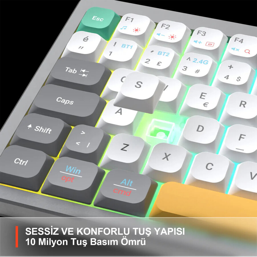 Lecoo GK100 3 Modlu Kablosuz Gaming Oyuncu ve Ofis Klavyesi %90 Gasket Membran RGB Ses Düğmeli Türkçe Q Beyaz Gri - 2