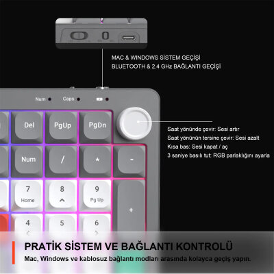 Lecoo GK100 3 Modlu Kablosuz Gaming Oyuncu ve Ofis Klavyesi %90 Gasket Membran RGB Ses Düğmeli Türkçe Q Beyaz Gri - 3