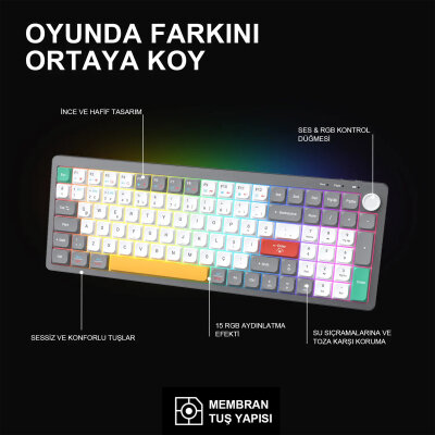 Lecoo GK100 3 Modlu Kablosuz Gaming Oyuncu ve Ofis Klavyesi %90 Gasket Membran RGB Ses Düğmeli Türkçe Q Beyaz Gri - 4
