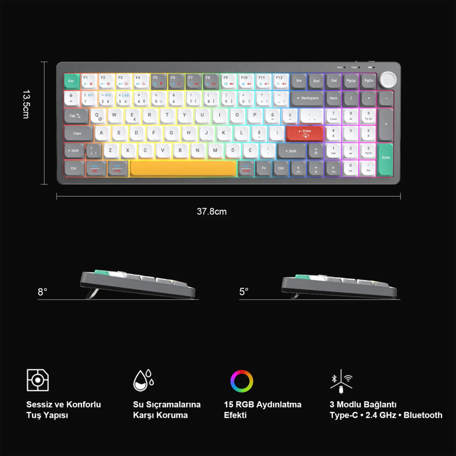 Lecoo GK100 3 Modlu Kablosuz Gaming Oyuncu ve Ofis Klavyesi %90 Gasket Membran RGB Ses Düğmeli Türkçe Q Beyaz Gri - 5