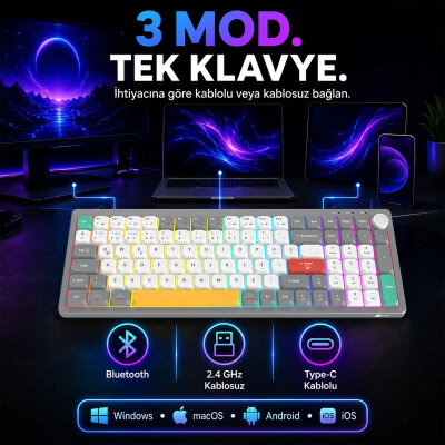 Lecoo GK100 3 Modlu Kablosuz Gaming Oyuncu ve Ofis Klavyesi %90 Gasket Membran RGB Ses Düğmeli Türkçe Q Beyaz Gri - 6