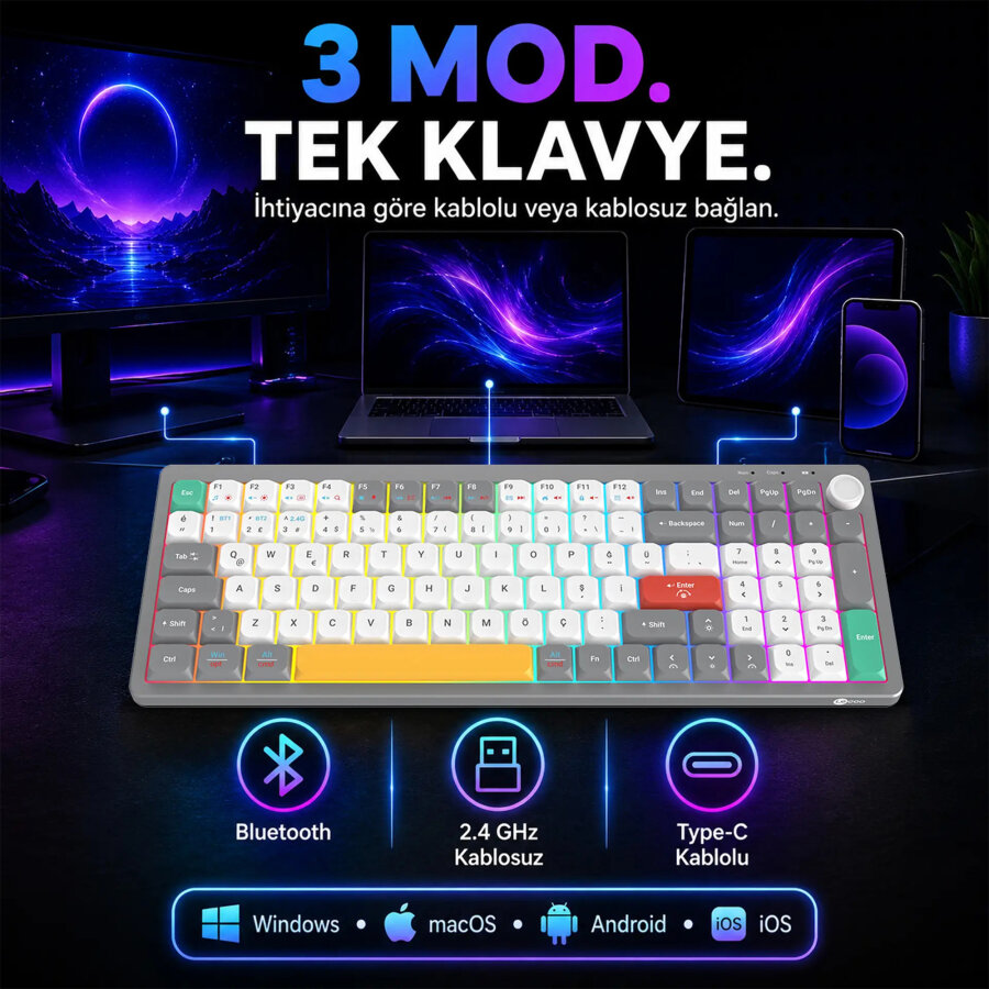 Lecoo GK100 3 Modlu Kablosuz Gaming Oyuncu ve Ofis Klavyesi %90 Gasket Membran RGB Ses Düğmeli Türkçe Q Beyaz Gri - 6