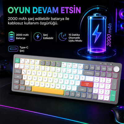 Lecoo GK100 3 Modlu Kablosuz Gaming Oyuncu ve Ofis Klavyesi %90 Gasket Membran RGB Ses Düğmeli Türkçe Q Beyaz Gri - 7
