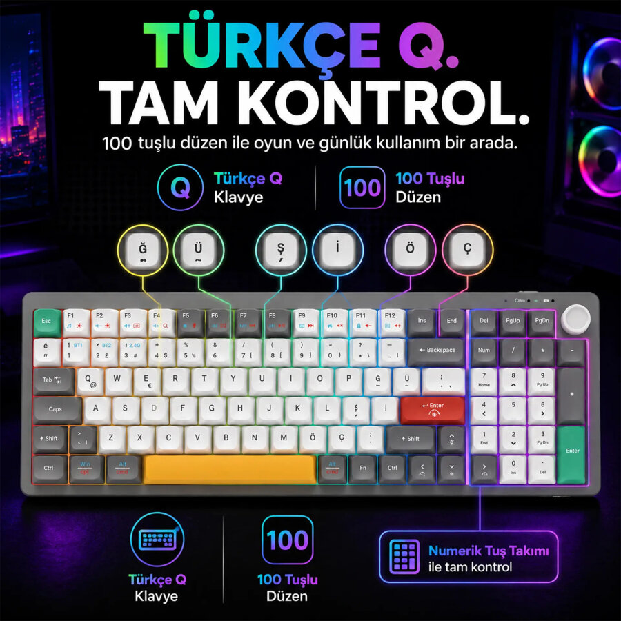 Lecoo GK100 3 Modlu Kablosuz Gaming Oyuncu ve Ofis Klavyesi %90 Gasket Membran RGB Ses Düğmeli Türkçe Q Beyaz Gri - 8