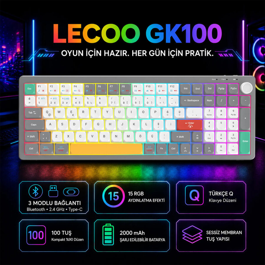 Lecoo GK100 3 Modlu Kablosuz Gaming Oyuncu ve Ofis Klavyesi %90 Gasket Membran RGB Ses Düğmeli Türkçe Q Beyaz Gri - 9