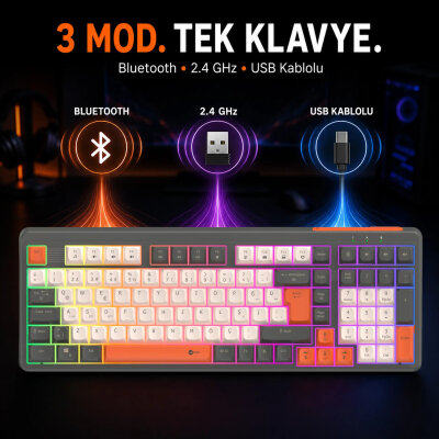 Lecoo GK104 Üç Modlu RGB Gaming Oyuncu Klavyesi Bluetooth 2.4GHz Kablosuz Kablolu Şarjlı Membran Türkçe Q - 2