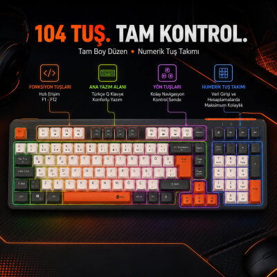 Lecoo GK104 Üç Modlu RGB Gaming Oyuncu Klavyesi Bluetooth 2.4GHz Kablosuz Kablolu Şarjlı Membran Türkçe Q - 4