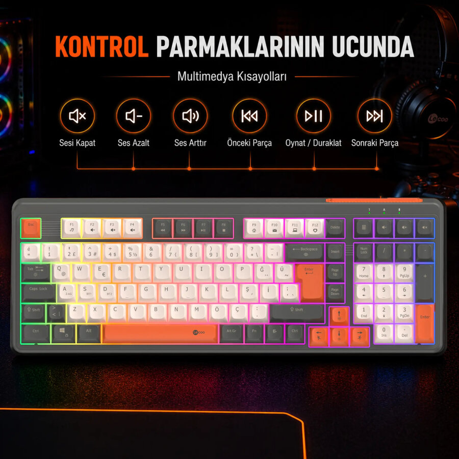 Lecoo GK104 Üç Modlu RGB Gaming Oyuncu Klavyesi Bluetooth 2.4GHz Kablosuz Kablolu Şarjlı Membran Türkçe Q - 5