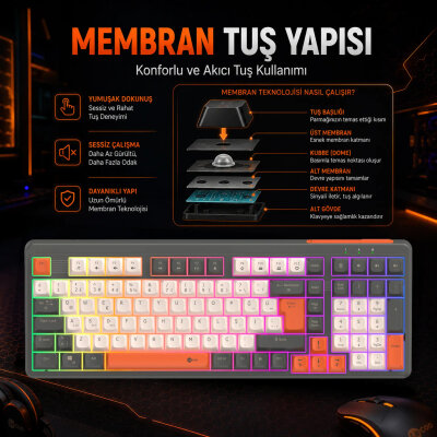 Lecoo GK104 Üç Modlu RGB Gaming Oyuncu Klavyesi Bluetooth 2.4GHz Kablosuz Kablolu Şarjlı Membran Türkçe Q - 7