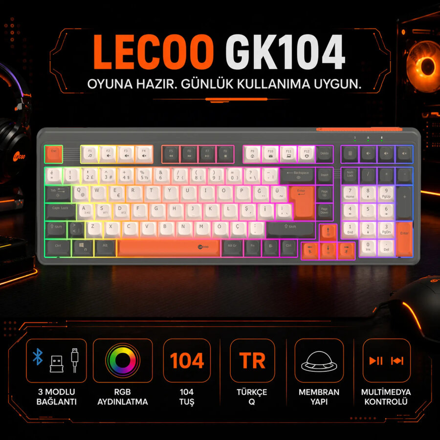 Lecoo GK104 Üç Modlu RGB Gaming Oyuncu Klavyesi Bluetooth 2.4GHz Kablosuz Kablolu Şarjlı Membran Türkçe Q - 8