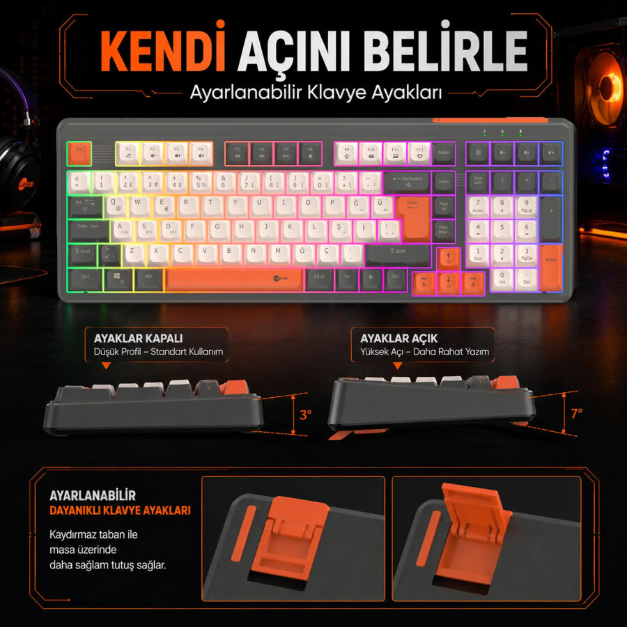 Lecoo GK104 Üç Modlu RGB Gaming Oyuncu Klavyesi Bluetooth 2.4GHz Kablosuz Kablolu Şarjlı Membran Türkçe Q - 9