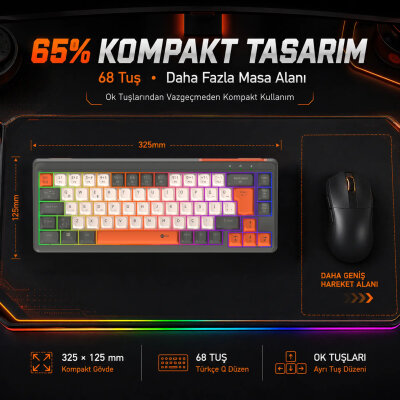 Lecoo GK680 68 Tuş Üç Modlu RGB Gaming Oyuncu Klavyesi Bluetooth 2.4GHz Kablosuz Kablolu Membran Türkçe Q - 3
