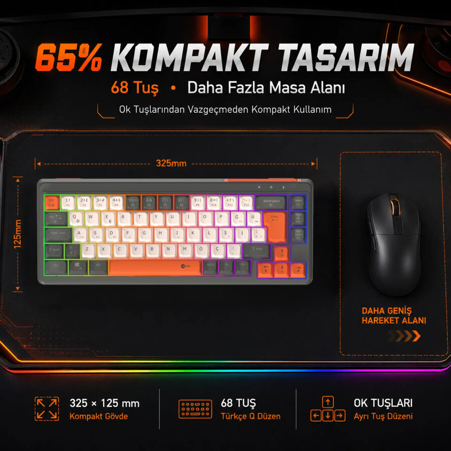 Lecoo GK680 68 Tuş Üç Modlu RGB Gaming Oyuncu Klavyesi Bluetooth 2.4GHz Kablosuz Kablolu Membran Türkçe Q - 3