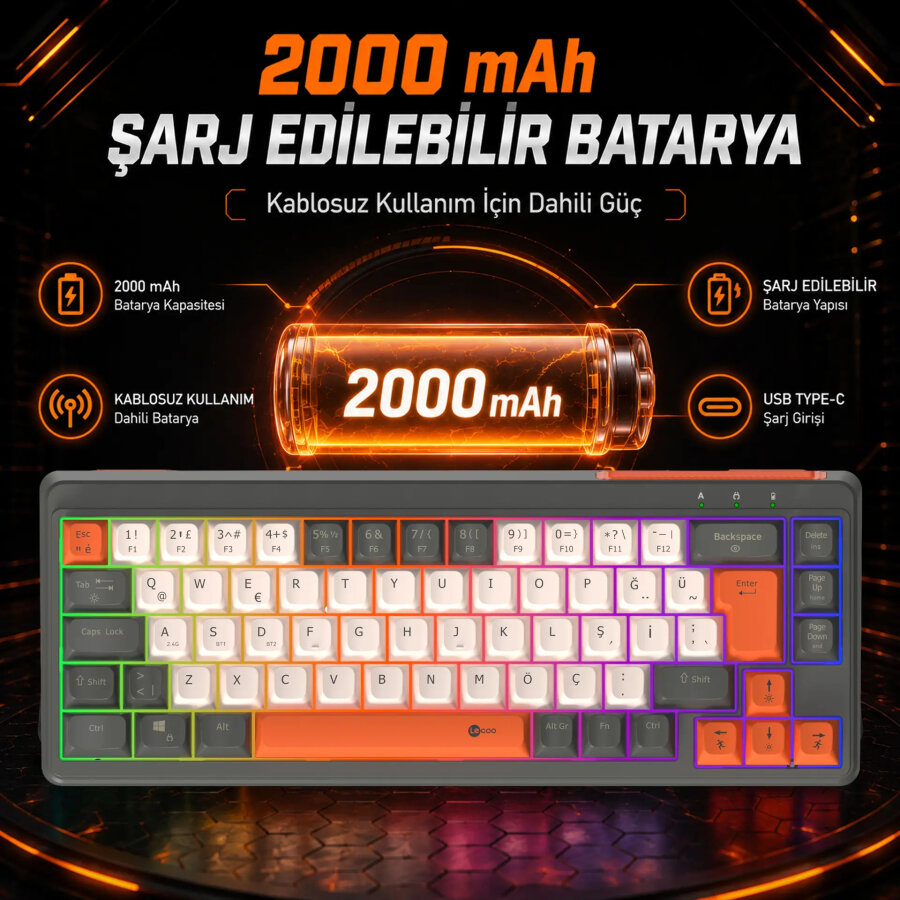 Lecoo GK680 68 Tuş Üç Modlu RGB Gaming Oyuncu Klavyesi Bluetooth 2.4GHz Kablosuz Kablolu Membran Türkçe Q - 4