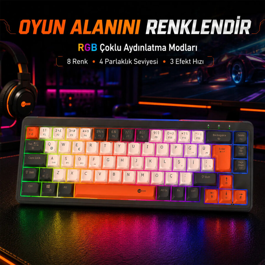Lecoo GK680 68 Tuş Üç Modlu RGB Gaming Oyuncu Klavyesi Bluetooth 2.4GHz Kablosuz Kablolu Membran Türkçe Q - 7