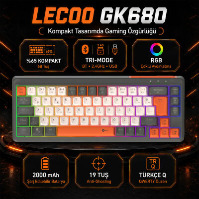Lecoo GK680 68 Tuş Üç Modlu RGB Gaming Oyuncu Klavyesi Bluetooth 2.4GHz Kablosuz Kablolu Membran Türkçe Q - 8