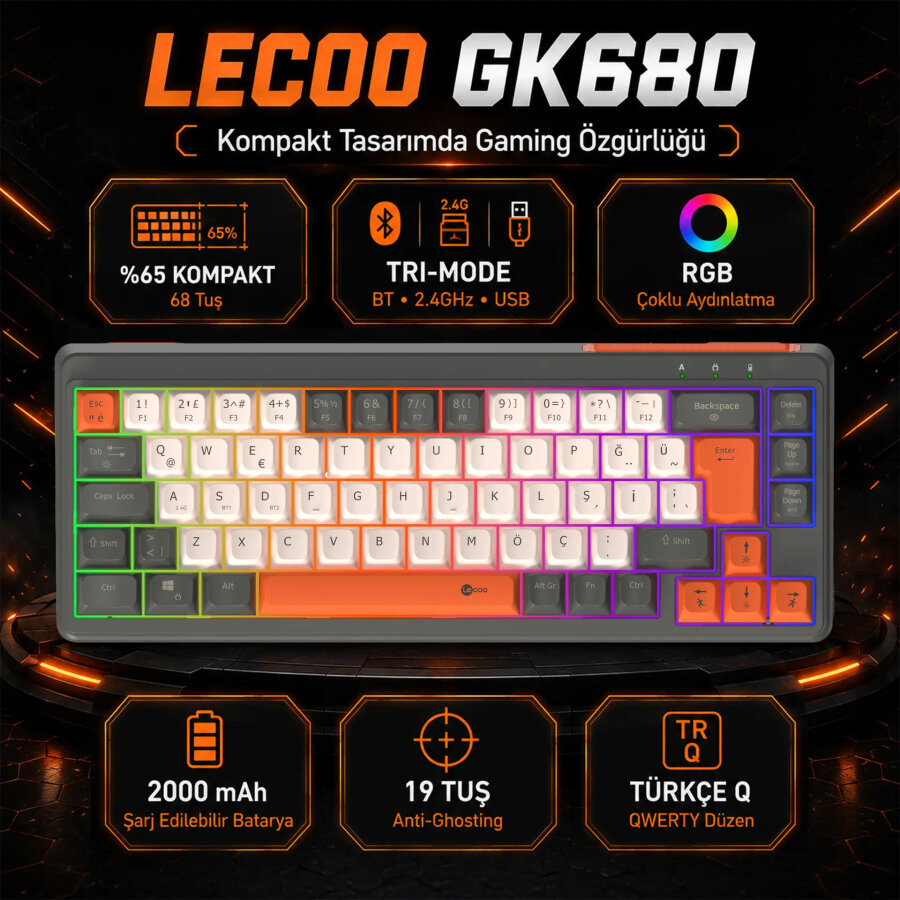 Lecoo GK680 68 Tuş Üç Modlu RGB Gaming Oyuncu Klavyesi Bluetooth 2.4GHz Kablosuz Kablolu Membran Türkçe Q - 8