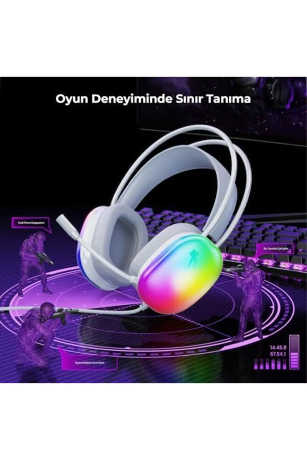 Lecoo HT409 RGB Işıklı USB Mikrofonlu Kablolu Oyuncu Kulak Üstü Gaming Kulaklık Beyaz - 4